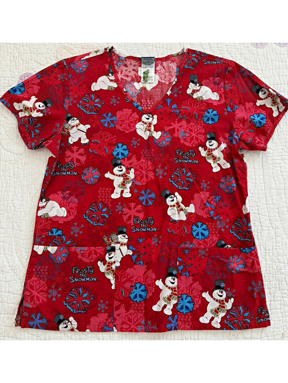 Frosty the Snowman Women’s Red Snowflake Holiday Tunic Top V-Neck Pockets Size S